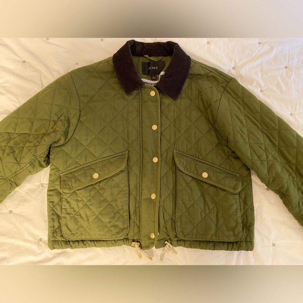 J. Crew Olive Quilted Jacket with Brown corduroy Collar